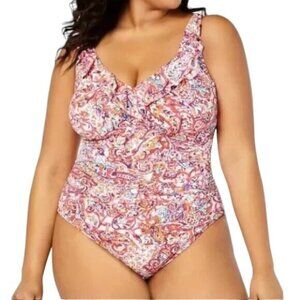 Plus Size Lauren Ralph Lauren Paisley Ruffle V-Neck Swimsuit Size 16 EUC #2448